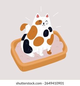 Cartoon vector illustration of cat in plastic litter box.