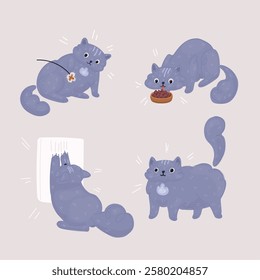 Cartoon vector illustration of Cat poses. Cats emotions and behavior. Animal pet kitten playful, playing, have food, scratching post. Cat body language vector set.