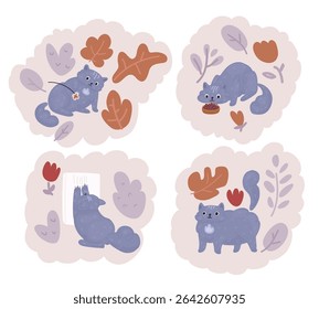 Cartoon vector illustration of Cat poses. Cartoon red fat striped cats emotions and behavior. Animal pet kitten playful, sleeping and scared. Cat body language vector set.