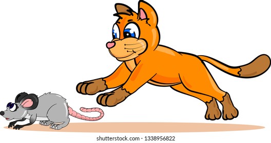 Cartoon vector illustration of cat running and chasing small mouse on white background.