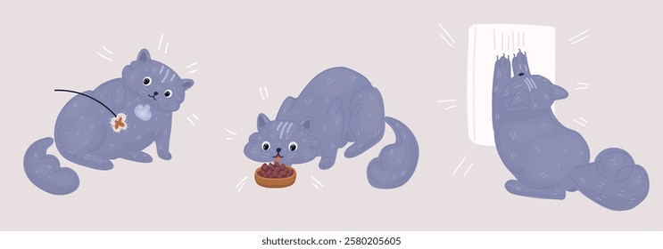 Cartoon vector illustration of cat set with different poses and emotions. Cat behavior, body language and face expressions.playing with toy, cat having felines food, cat scratch 