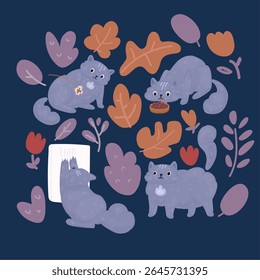 Cartoon vector illustration of cat set with different poses and emotions. Cat behavior, body language and face expressions. Ginger kitty in simple cute style over dark background