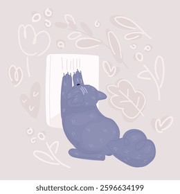 Cartoon vector illustration of Cat tears wallpaper. Cat sharpens nails. Scratchstation, scratching post