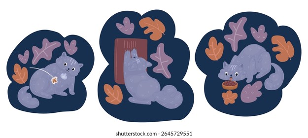 Ilustração vetorial de Cat vestindo colarinho veterinário. pata lenta alimentador bola com comida seca dentro, tentando tirar uma torta. Gatinho brincalhão se divertindo com um brinquedo desafiador. Combustível ativo maduro