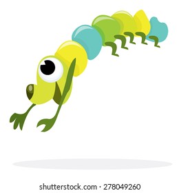 A cartoon vector illustration of a caterpillar jumping and reaching out of joy.