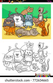 Cartoon Vector Illustration of Cats and Kittens Animal Characters Group Coloring Book Activity