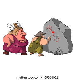 Cartoon vector illustration of a caveman, caught by his big and strong, grumpy wife, watching and paiting cave pictures of naked women