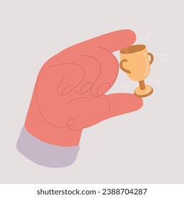 Cartoon vector illustration of celebrate winners with golden cup, Little tiny prize winners stars in holding by big hand. Award ceremony concept with hand hold winner.
