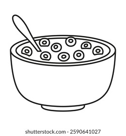 cartoon vector illustration of cereal bowl in contour isolated on white, flat style, healthy  breakfast