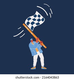 Cartoon vector illustration of champion business man waves a checkered flag and celebrate winning victory over dark background.