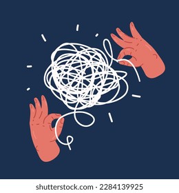 Cartoon vector illustration of Chaos and order abstract minimalist concept. Metaphor of disorganized difficult problem, mess single continuous tangle thread in need of unraveling over dark backround