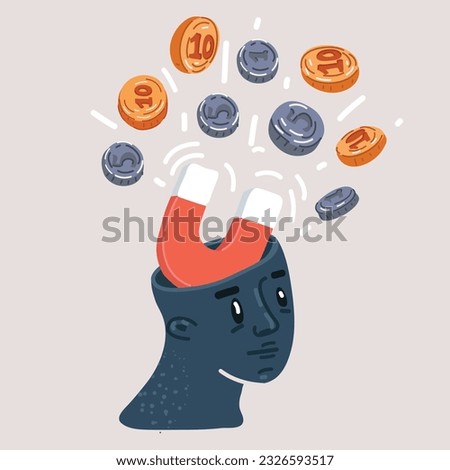 Cartoon vector illustration of character of brain is magnet to catch the gold coins. Money attraction mind concept.