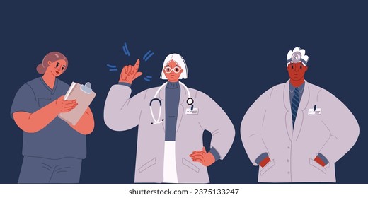 Cartoon vector illustration of character of doctors and nurses standing together male and female medical characters over dark backround