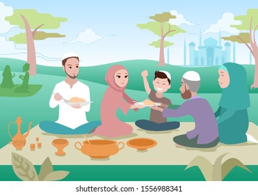 cartoon vector illustration of the character of a family dressed in Islam, while having lunch in the park with rolling out a mat.