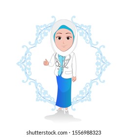 cartoon vector illustration of the character of a female doctor or medical staff standing in an Islamic work uniform, wearing a hijab. his right hand make a thumb up gesture.