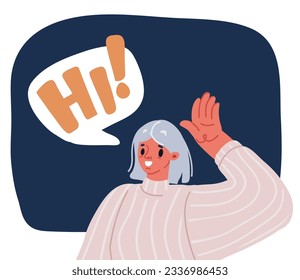 Cartoon vector illustration of character happy woman reeting say Hi over dark