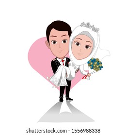 cartoon vector illustration of a character of a newlywed couple dressed in Islamic style, wearing hijab. The bride carrying the bride. Isolated with white background.