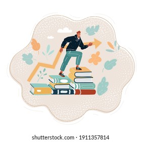 Cartoon vector illustration of character steps on the top of book's stacks