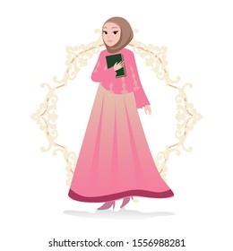 cartoon vector illustration of the character of a woman dressed in Islam, standing poses like a fashion model in an elegant pink Islamic dress. her hand holding a holy Quran.