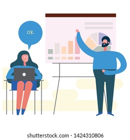 Cartoon vector illustration with characters.
A bearded man holds a presentation or report with the girl secretary. Shows graphics. The girl sits at the laptop in the workplace.