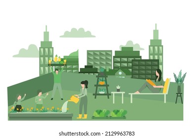 Cartoon Vector Illustration Characters Care of Rooftop Garden Concept. Landscaping Urban Gardening, Building Roof Greening. People Planting Seedlings, Gardeners, Florists on Cityscape Background.