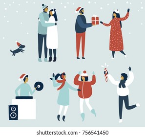 Cartoon vector illustration. Characters collection. Set of people having fun a party. Happy new year. Men and women celebrate, dancing, give gifts, launch confetti and embrace. 