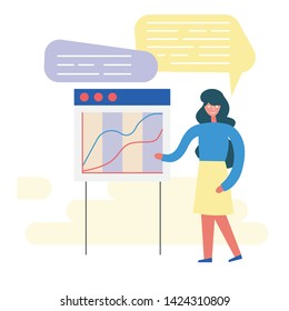 Cartoon vector illustration with characters. The girl makes a report with graphs in the presentation. Illustration of office work with business people and daily work.