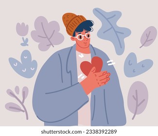 Cartoon vector illustration of Charming man hold hand paper card heart gift for 14-february prepare date to his girlfriend sweetheart
