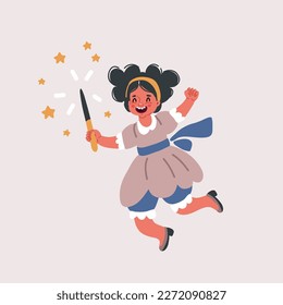 Cartoon vector illustration of charming sweet schoolgirl dressed holding fairy wand
