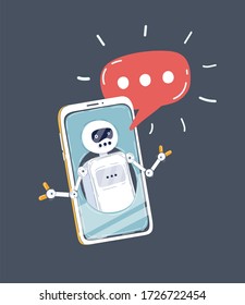 Cartoon vector illustration of Chat bot and future marketing concept, automatic chat bot message screen with hand holding mobile phone background