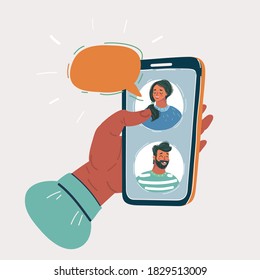 Ilustración vectorial de dibujos animados del concepto de chat. Hombre y charlando con en la pantalla del smartphone. Burbuja del discurso. Mano humana sostiene smartphone. sobre fondo blanco.