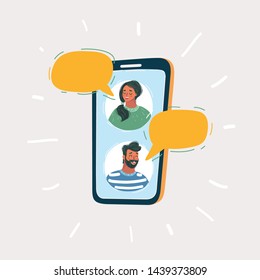 Cartoon vector illustration of Chat conversation messages. Messages sms bubbles, man chatting on cellphone with woman isolated on white.