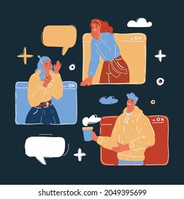 Cartoon vector illustration of Chat talk addiction concept. Young people using smartphones for sending messages to each other. User of messenger. Man and woman in system window. Speech bubble