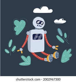 Cartoon Vektorgrafik von Chatbot Error Service of Online Support Technology. Brocken Roboter auf dunklem Hintergrund.