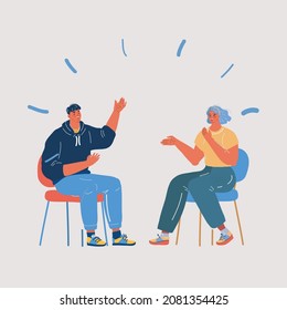 Cartoon vector illustration of chatting people talk together sitting in chair