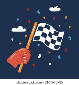 Cartoon Vector Illustration Of Checkered Flag In Hand Over Dark Backround