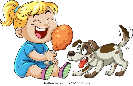 Cartoon vector illustration of a cheerful blonde girl in blue dress holding a chicken drumstick, interacting with an excited brown and white dog