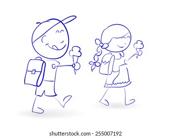 Cartoon vector illustration of cheerful children with school bags and ice cream