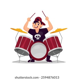 Cartoon vector illustration of a cheerful drummer playing a red drum set isolated on white background. A young drummer in a casual outfit energetically playing drums. Design for music-related projects