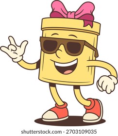 Ilustración vectorial de la historieta de una mascota alegre del carácter de la caja de regalo en gafas de sol, lazo rosado, zapatillas de deporte anaranjadas, mostrando el signo de la mano de la roca, perfecto para el diseño festivo