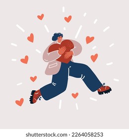 Cartoon vector illustration of cheerful girl showing heart shape and runing
