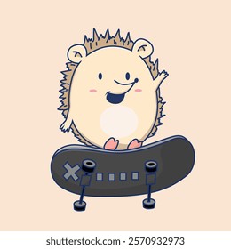 Cartoon vector illustration of a cheerful hedgehog playing on a skateboard. Animal isolated flat design for Icon or all print design