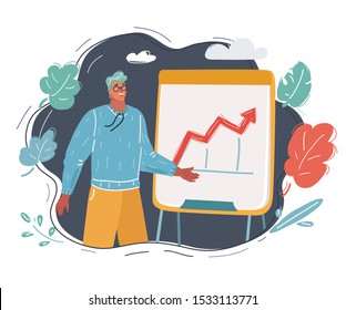 Cartoon vector illustration of Cheerful man points to flip chart.