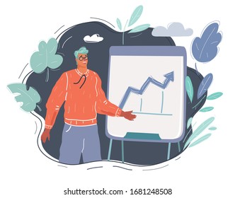 Cartoon vector illustration of Cheerful man points to flip-chart.