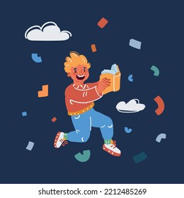 Cartoon vector illustration of cheerful mischievous schoolboy and book jumps. Go back to concept school over dark backround