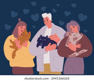 Cartoon vector illustration of Cheerful people holding cats and dog. Happy person hugging and cuddling cute cats. Pet adoption concept over dark background