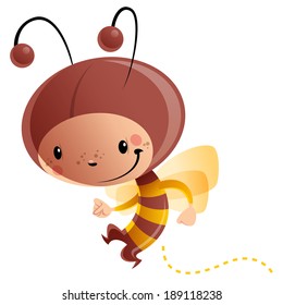 Cartoon vector illustration of cheerful smiling child in funny yellow brown butterfly suit with antennas and wings