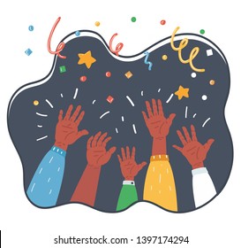 Cartoon vector illustration of Cheers! Hands up of Group of people cheering on confetti and streamers background. Holiday and celebration concept.