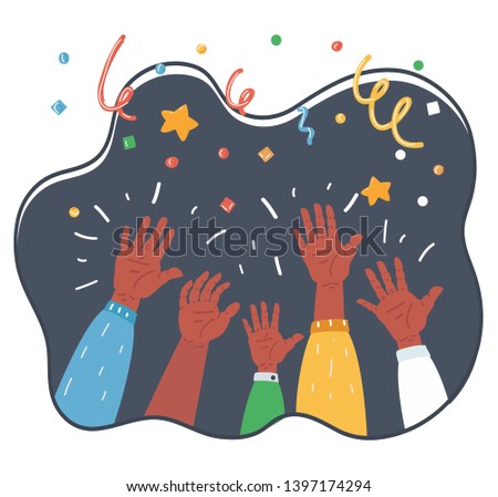 Cartoon vector illustration of Cheers! Hands up of Group of people cheering on confetti and streamers background. Holiday and celebration concept.
