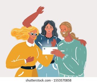 Cartoon vector illustration of cheery handsome man and woman are taking a selfie of themselves. Young get together people using mobile phone for selfie publishing in social networks.